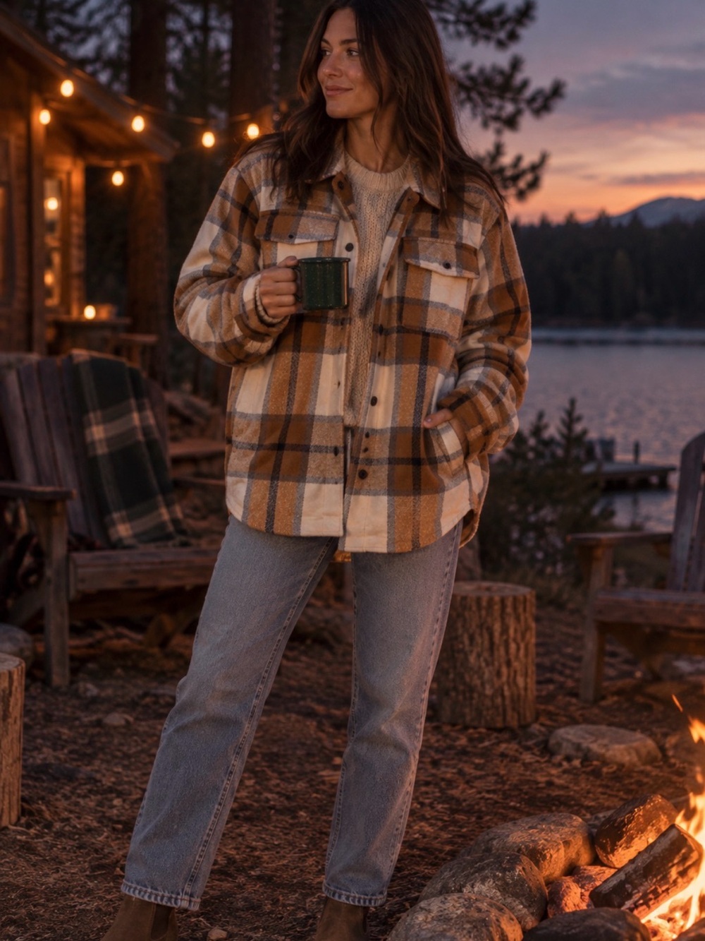 Amazon Plaid Sherpa-Lined Utility Jacket - Cream & Tan